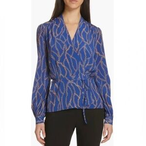 L'agence Cara Silk Wrap Top Blouse Blue Gold Chain Balloon Sleeve Small